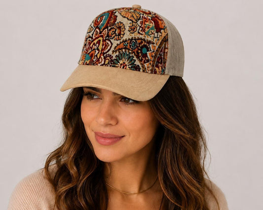 Vintage Tapestry Trucker Hat | Suede Brim Mesh Snapback Cap | Floral & Paisley Woven Baseball Hat | Unisex