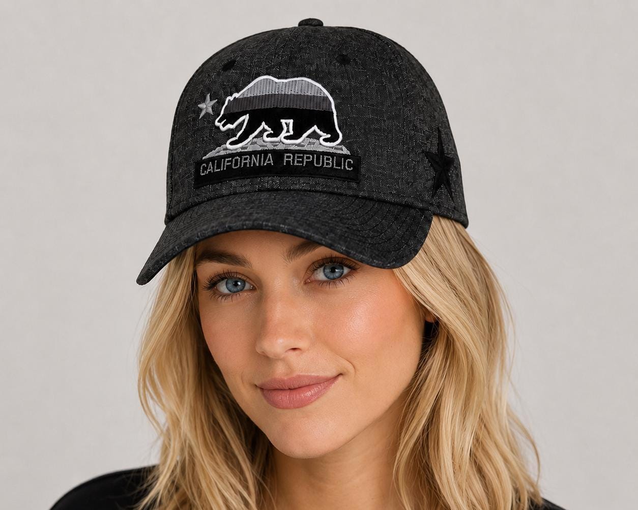 California Republic Embroidered Snapback Hat | Charcoal Heather Baseball Cap | Bear Patch Adjustable Cap