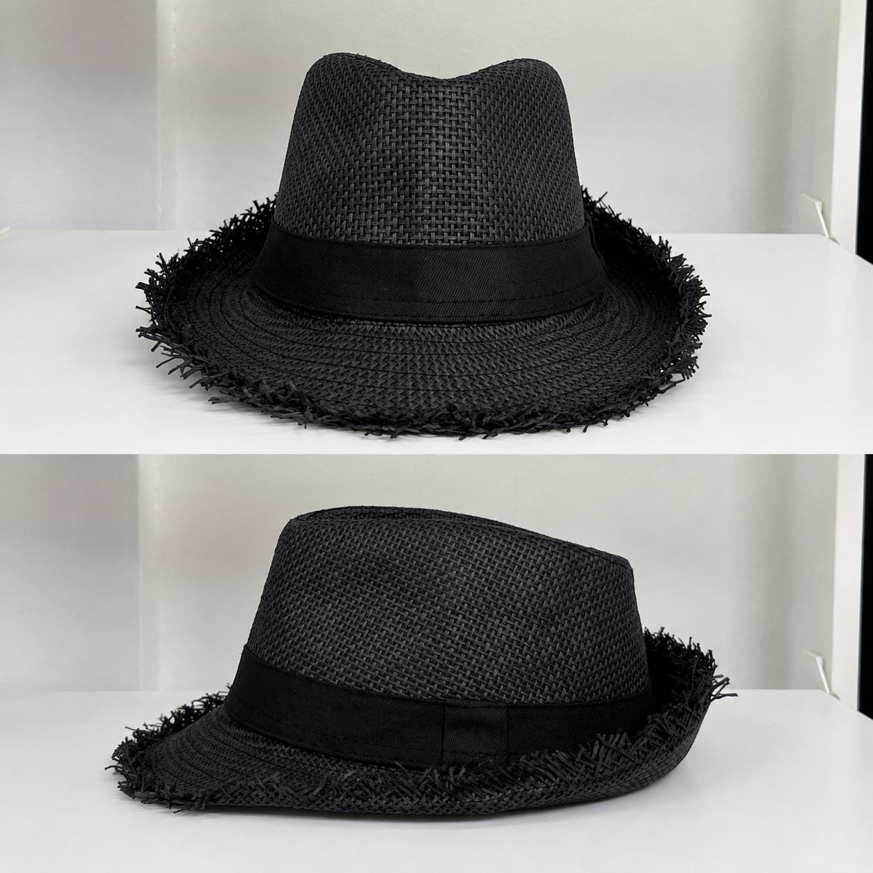 Woven Fedora Hat | Frayed Brim, Black Band, Unisex Summer Sun Hat