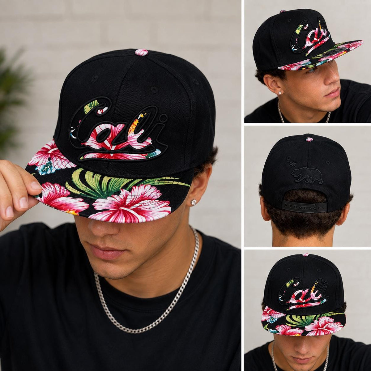 California Floral Snapback Hat | Embroidered Cali Script, Bear Logo brim