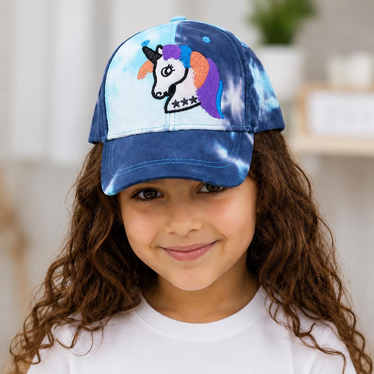 Kids Tie-Dye Unicorn Baseball Cap | Embroidered Adjustable Cotton Hat | Blue & Aqua Youth Snapback