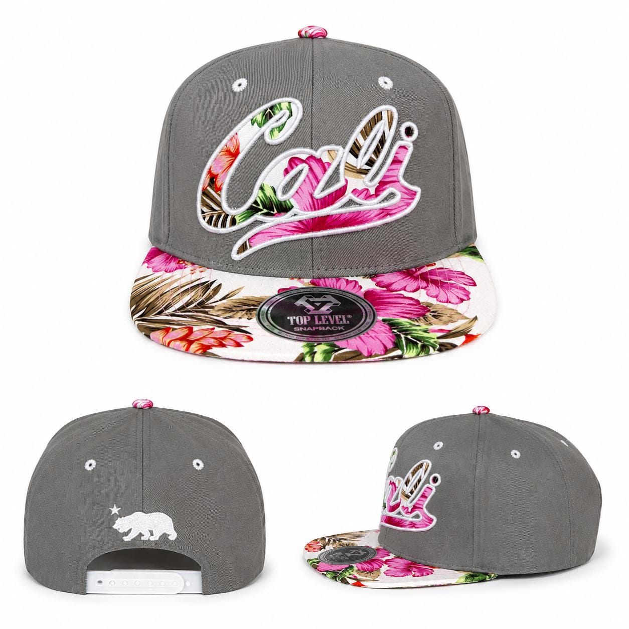California Floral Snapback Hat | Embroidered Cali Script, Bear Logo, Tropical Brim