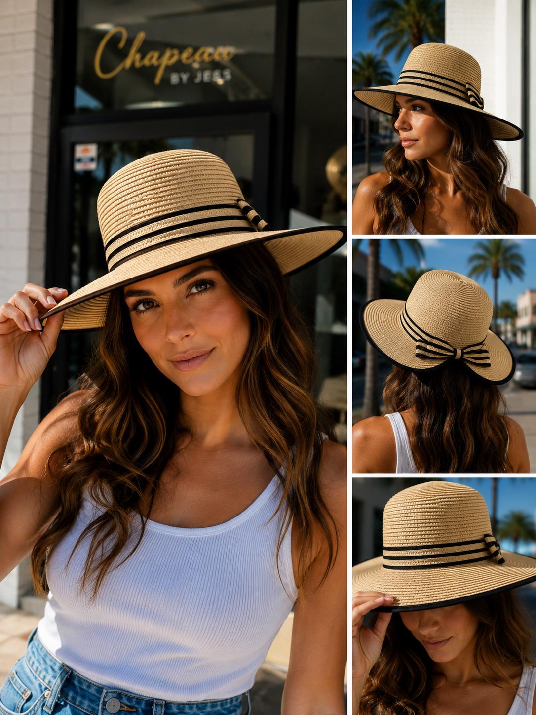 Women's Wide Brim Straw Sun Hat with Back Bow – Foldable UV Protection Beach Hat