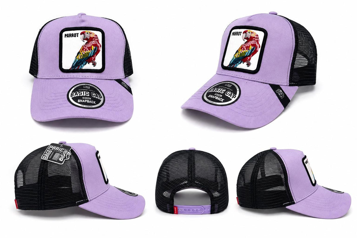 Lavender Parrot Trucker Hat | Embroidered Bird Patch Snapback Cap