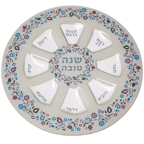 Elegant Glass Rosh Hashana Plate 35 cm Blue