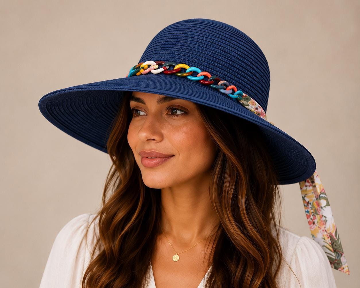Women's Wide Brim Straw Sun Hat | Multicolor Chain, Floral Scarf Tie, UV Protection