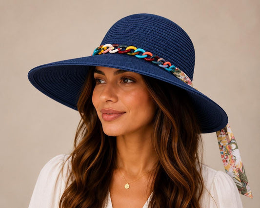 Women's Wide Brim Straw Sun Hat | Multicolor Chain, Floral Scarf Tie, UV Protection