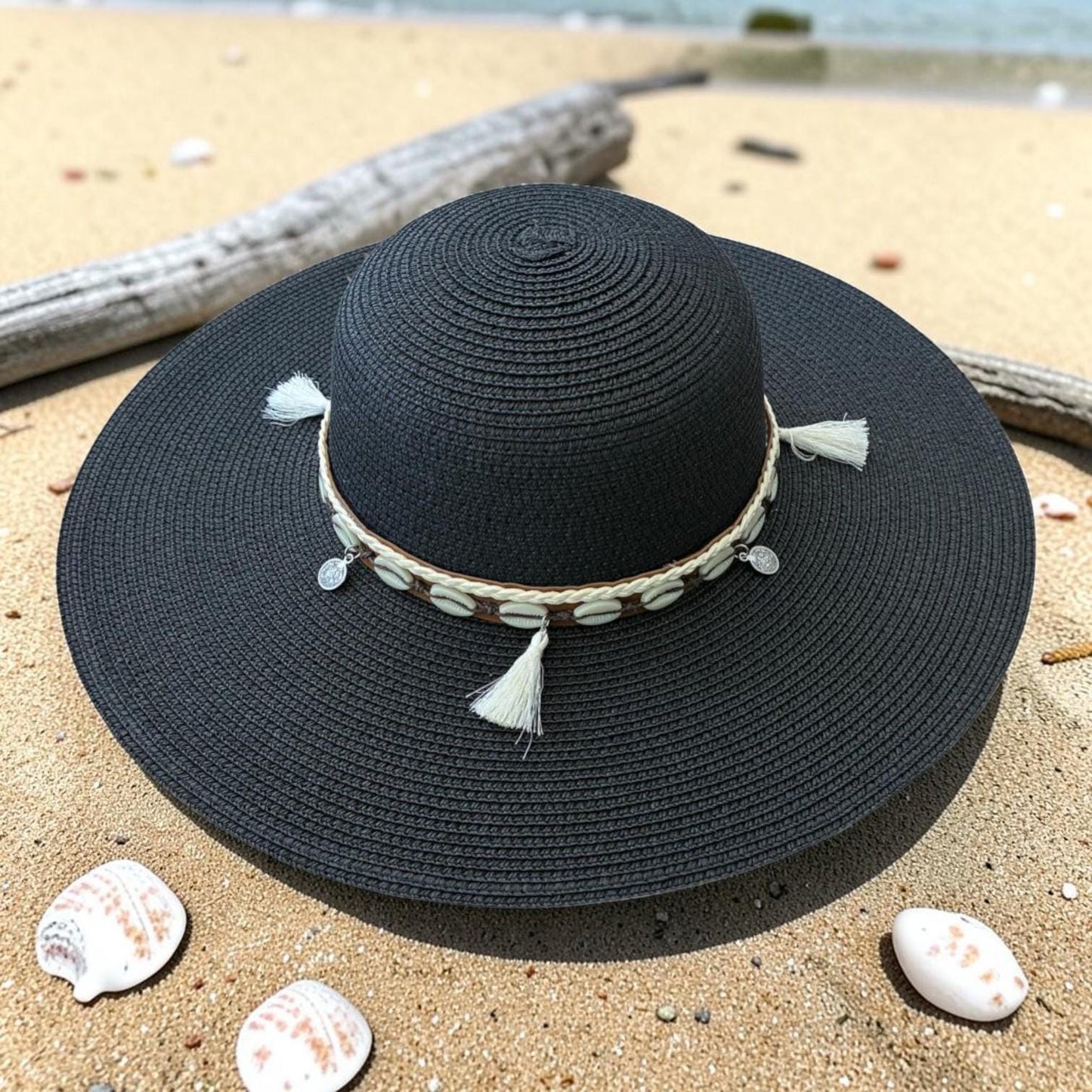 Boho Wide Brim Sun Hat with Shell Tassels | Beach Straw Vacation Accessory