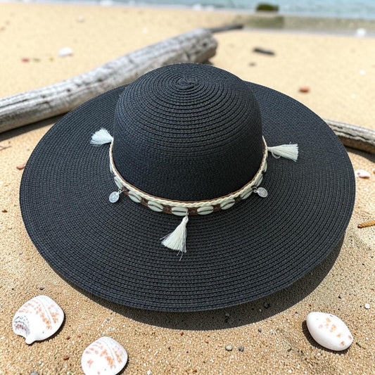 Boho Wide Brim Sun Hat with Shell Tassels | Beach Straw Vacation Accessory