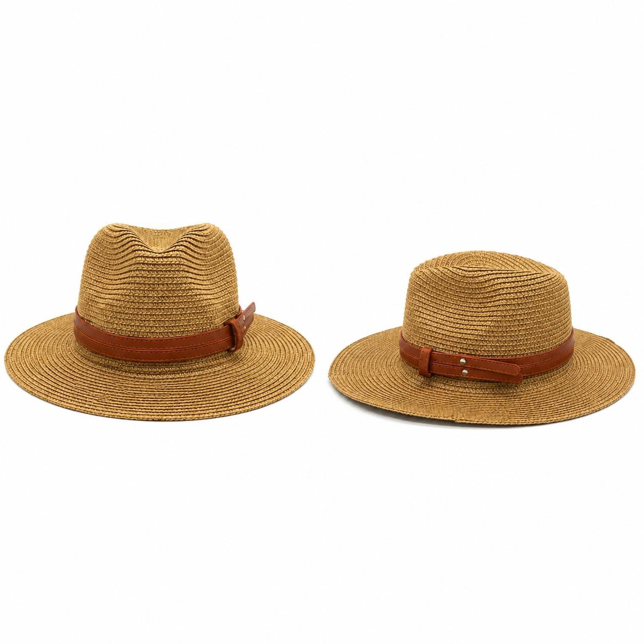 Woven Straw Fedora Hat | Wide Brim Sun Protection, Faux Leather Band