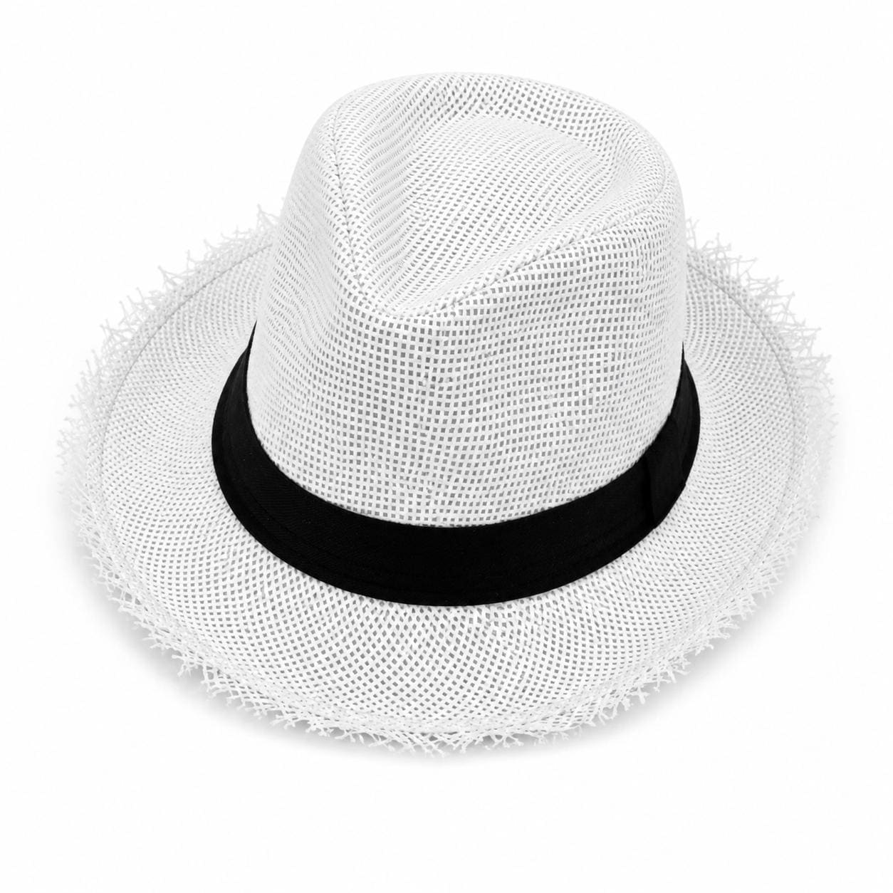 Woven Fedora Hat | Frayed Brim, Black Band, Unisex Summer Sun Hat
