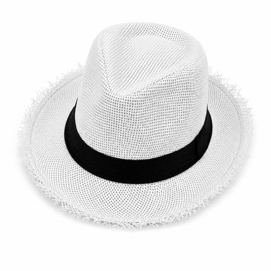 Woven Fedora Hat | Frayed Brim, Black Band, Unisex Summer Sun Hat