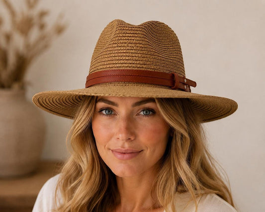 Wide Brim Woven Straw Fedora Hat | Unisex Summer Sun Hat, Faux Leather Band