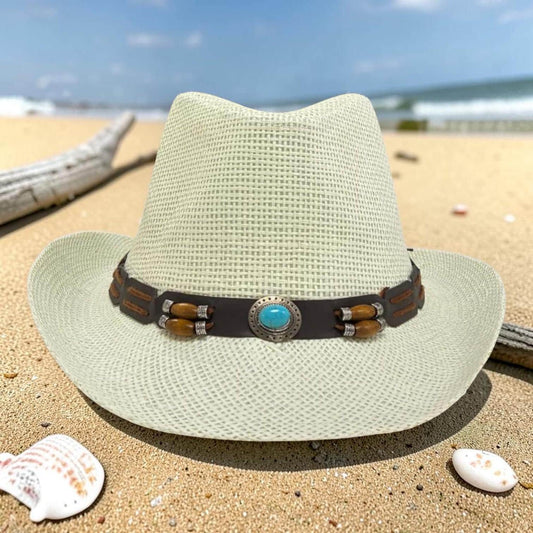 White Straw Cowboy Hat | Turquoise Concho Western Band, Beach Style