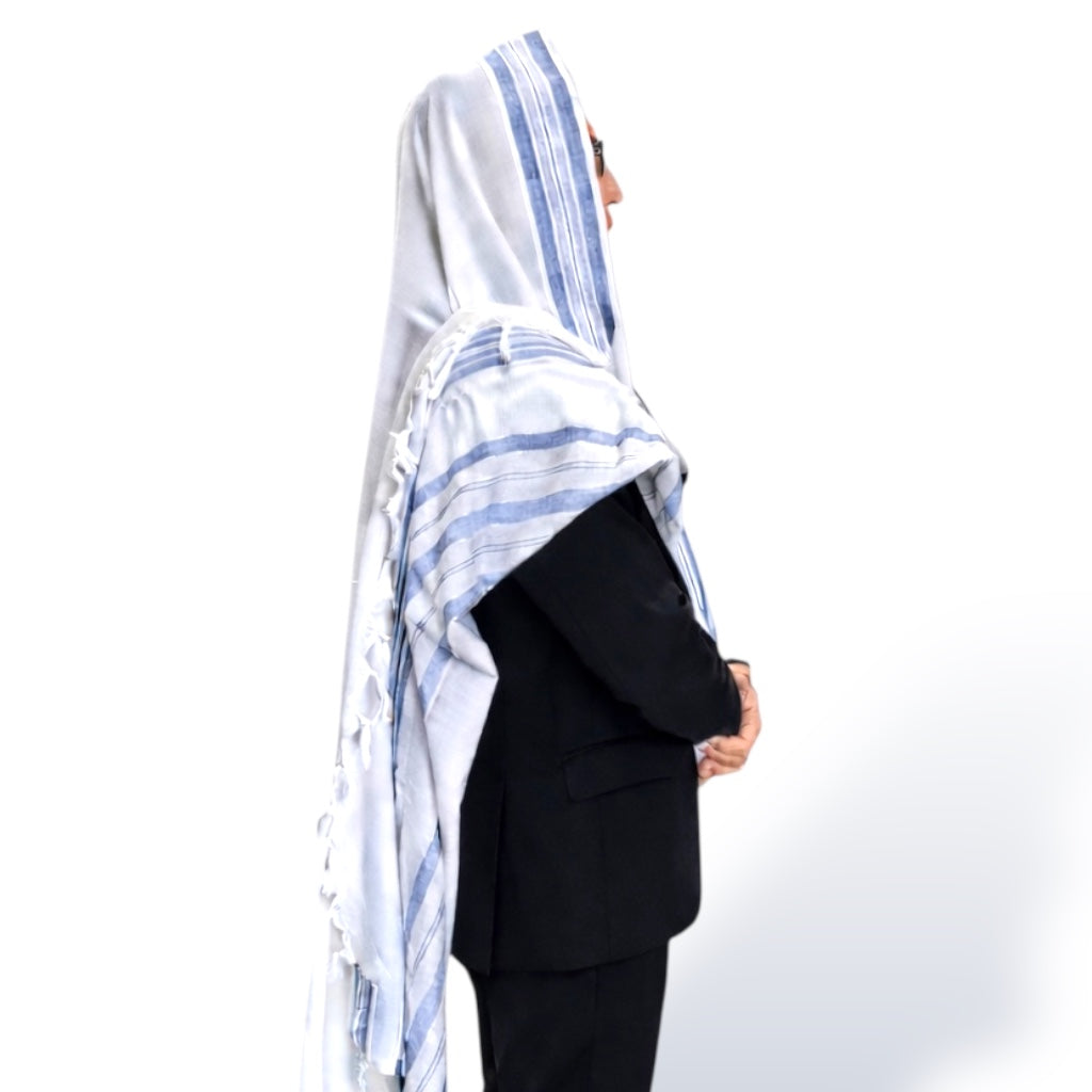 Tashbetz תשבץ 100% Wool Tallit – Blue Stripes