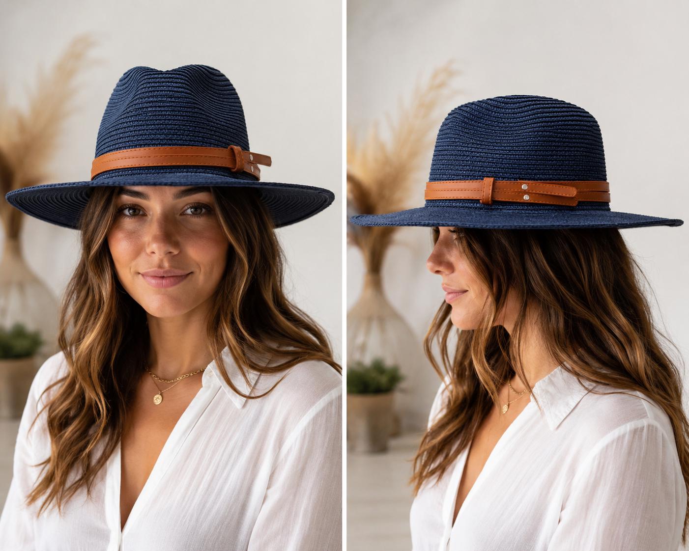 Woven Straw Fedora Hat | Wide Brim Sun Protection, Faux Leather Band