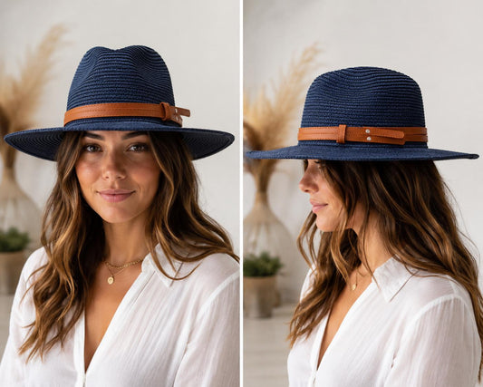 Woven Straw Fedora Hat | Wide Brim Sun Protection, Faux Leather Band