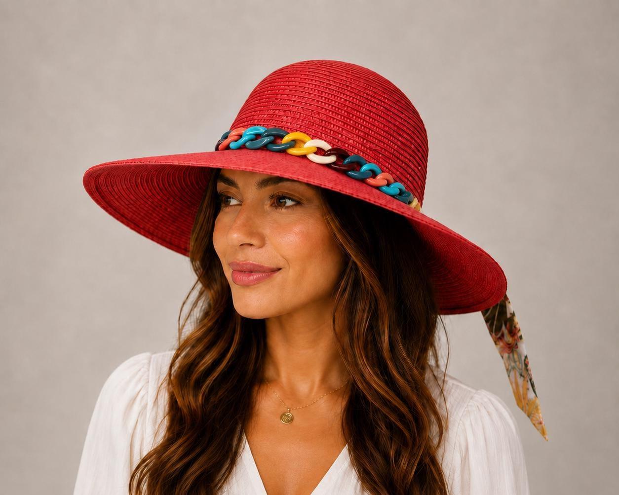 Women's Wide Brim Straw Sun Hat | Multicolor Chain, Floral Scarf Tie, UV Beach Protection