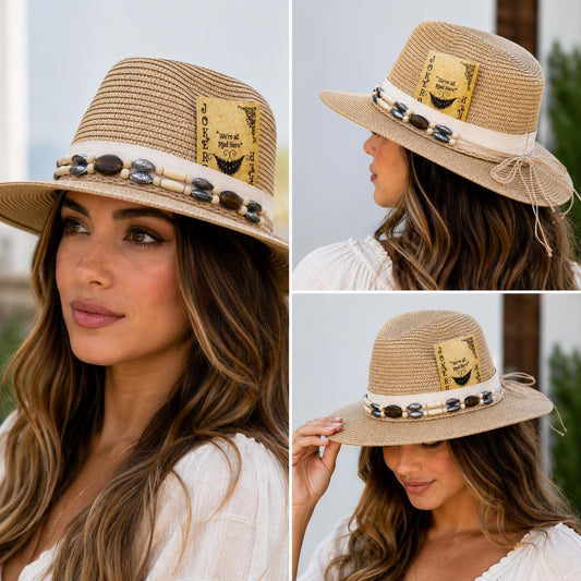 Boho Wide Brim Straw Fedora Hat – Beaded Band, Joker Card Accent, Sun Protection
