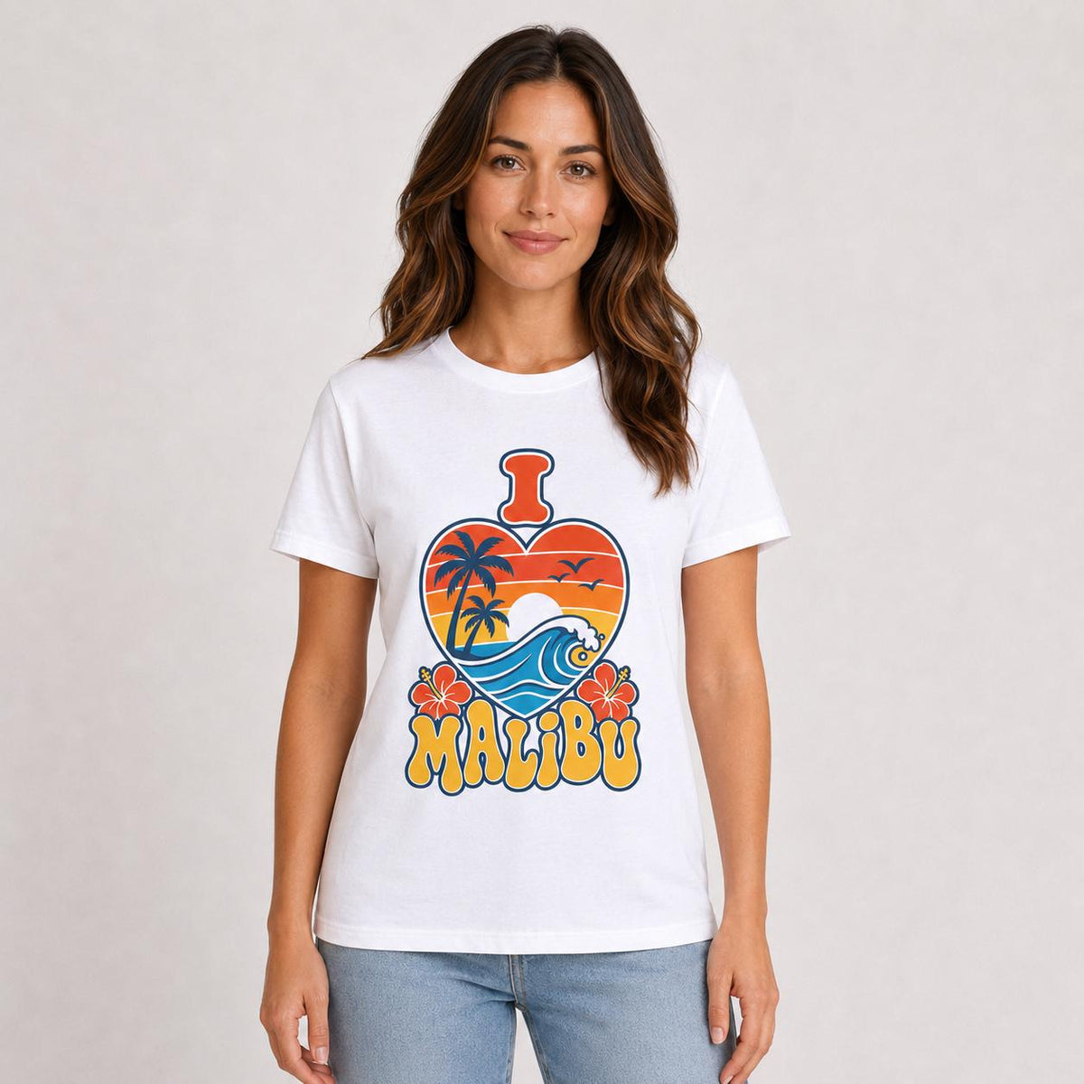 I Love Malibu Heart Sunset Tee, Retro California Beach Shirt, Unisex Surf Top