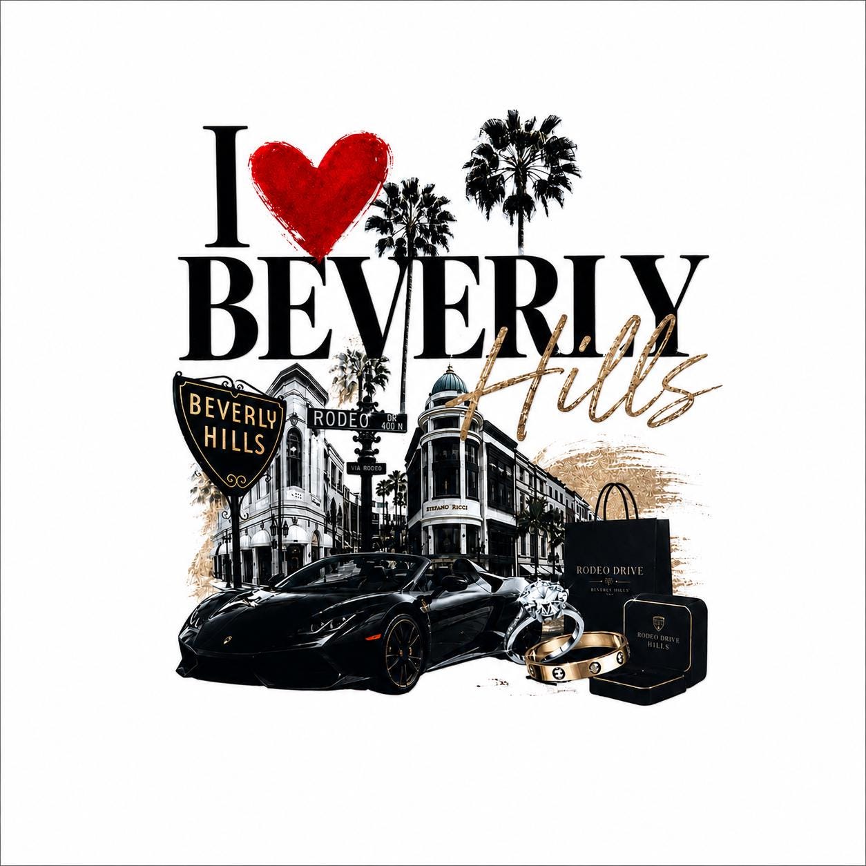 I Love Beverly Hills Heat Transfer Decal – Rodeo Drive Luxury California Graphic – Apparel & Tote Transfer