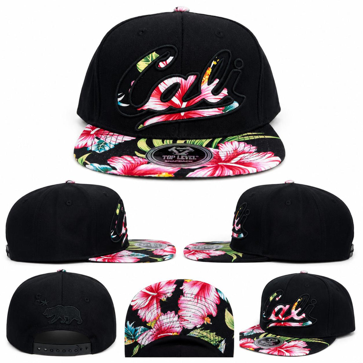 California Floral Snapback Hat | Embroidered Cali Script, Bear Logo brim