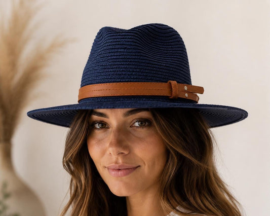 Woven Straw Fedora Hat | Wide Brim Sun Protection, Faux Leather Band