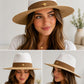 Two-Tone Straw Fedora Sun Hat with Gold Bee Charm | Wide Brim Summer Beach Accessory