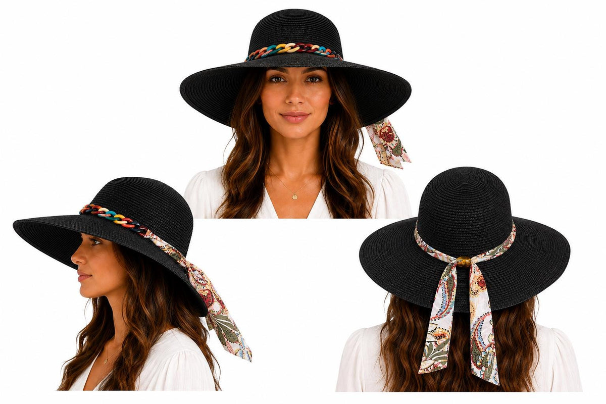 Women's Wide Brim Straw Sun Hat | Multicolor Chain, Floral Scarf Tie, UV Beach Protection