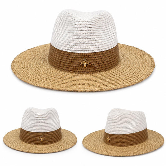 Two-Tone Straw Fedora Sun Hat with Gold Bee Charm | Wide Brim Summer Beach Accessory