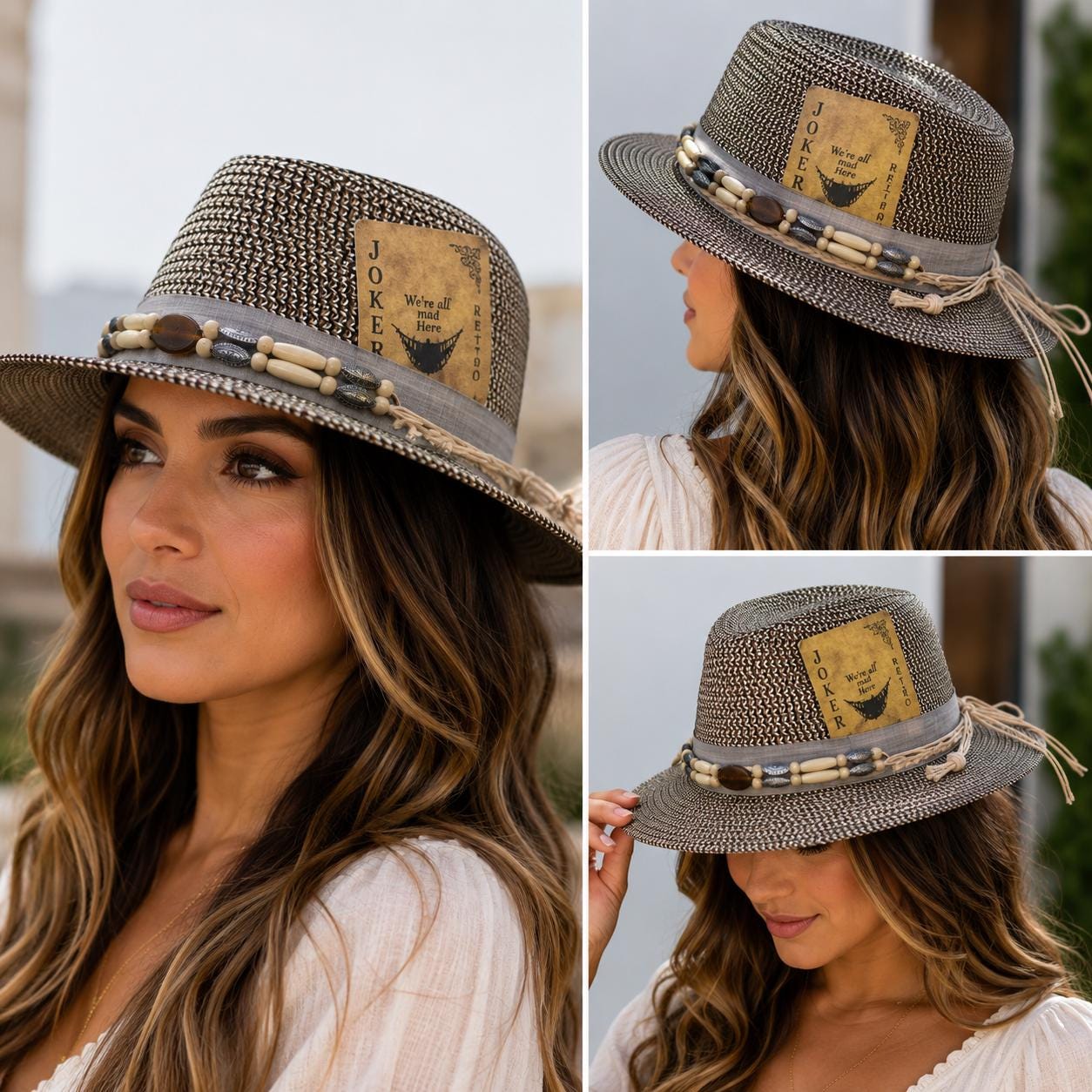 Boho Wide Brim Straw Fedora Hat – Beaded Band, Joker Card Accent, Sun Protection