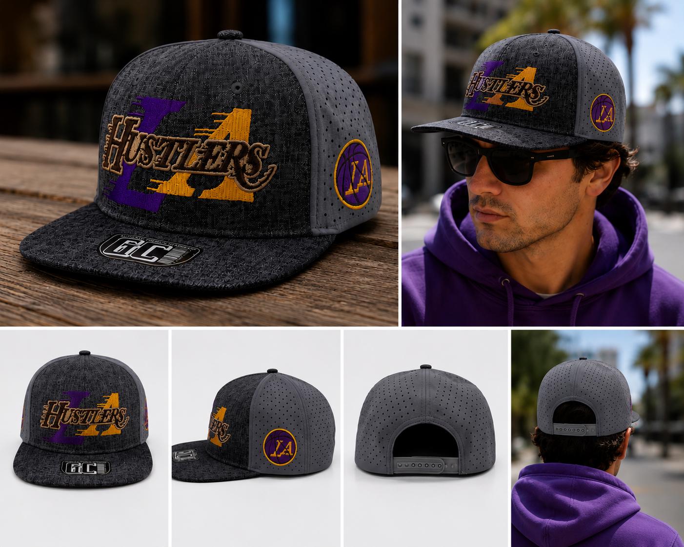 Vintage LA Hustlers Snapback Hat, Embroidered Basketball Cap, Purple Gold Streetwear