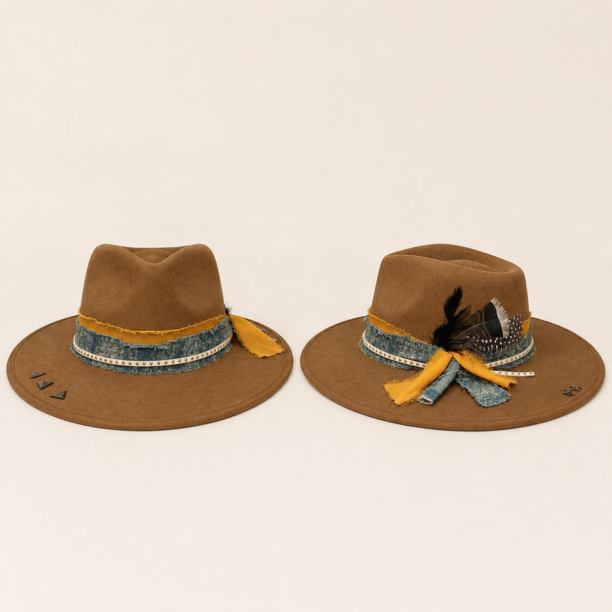 Handmade Suede Fedora Hat – Western Boho Style with Feather, Denim, Chain