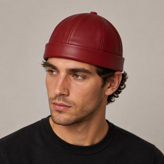 Unisex Leather-Look Brimless Docker Hat â Adjustable Rolled-Cuff Cap in Black, Burgundy and Tan