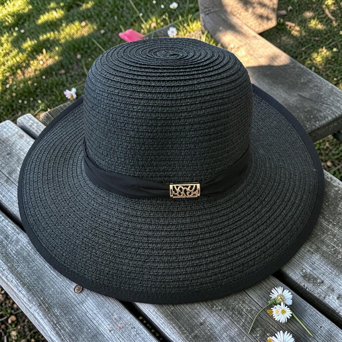Wide Brim Straw Sun Hat – Floppy Raffia Beach Hat with Bow (Black)