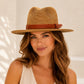 Wide Brim Woven Straw Fedora Hat | Faux Leather Band, Summer Sun Protection