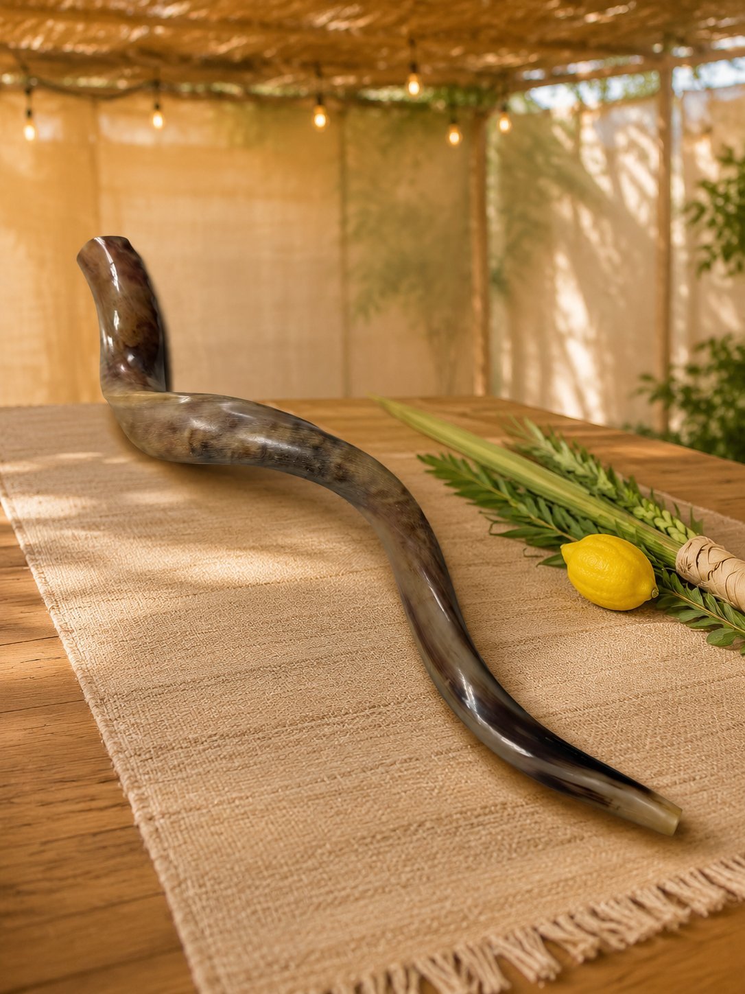 80 cm Yemenite kudu shofar staged in a sukkah with lulav and etrog
