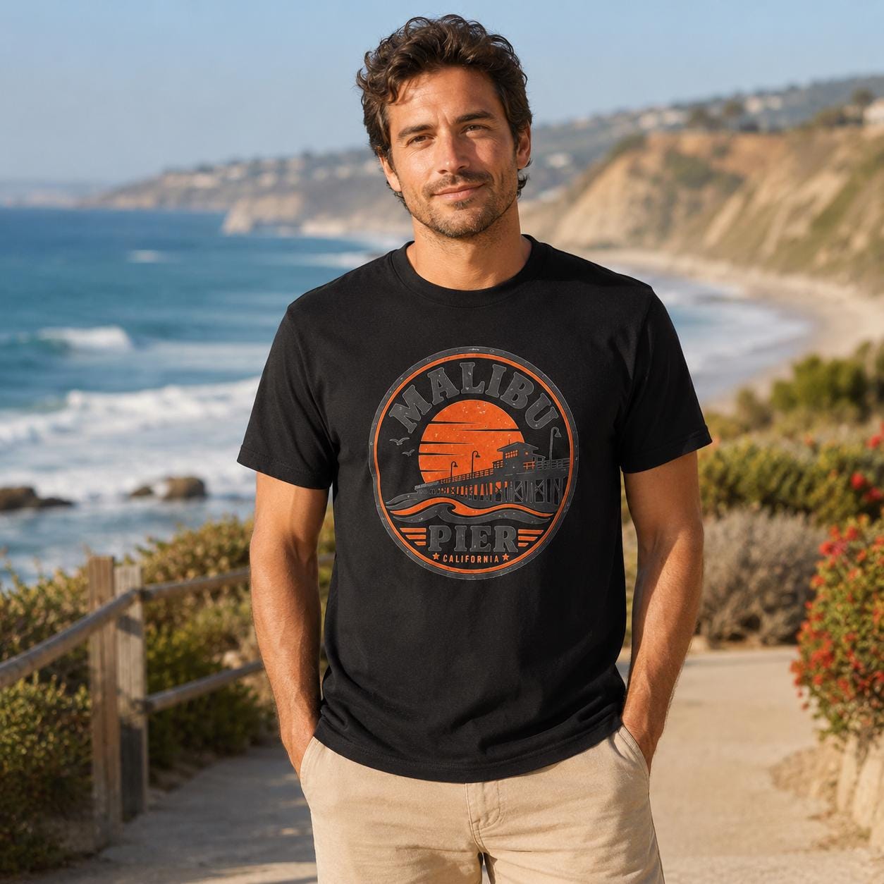 Malibu Pier California T-Shirt, Vintage Beach Graphic Tee, Retro Coastal Unisex Black