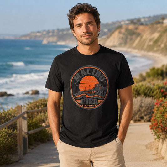 Malibu Pier California T-Shirt, Vintage Beach Graphic Tee, Retro Coastal Unisex Black