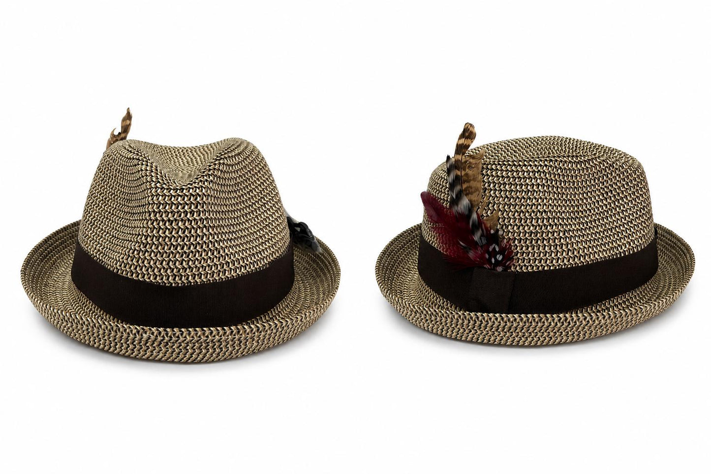 Unisex Woven Straw Fedora Hat | Feather Accent, Brown Band, Lightweight Trilby