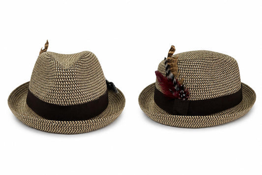 Unisex Woven Straw Fedora Hat | Feather Accent, Brown Band, Lightweight Trilby