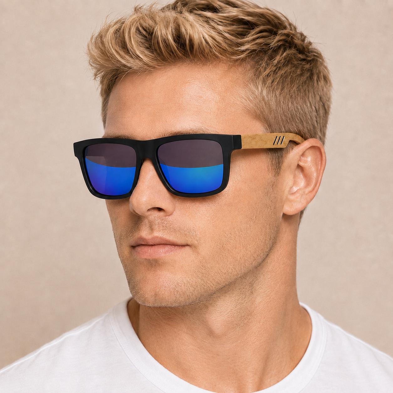 Unisex Square Bamboo Sunglasses – Wooden Arm Fashion Shades for Men and Women
