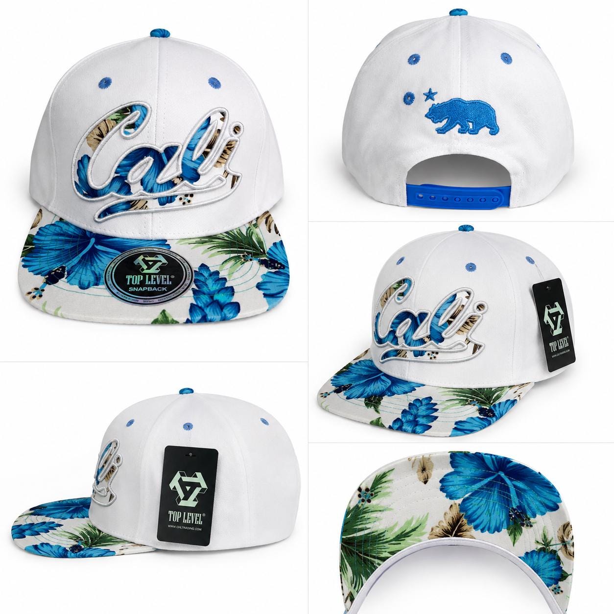 California Floral Snapback Hat | Embroidered Cali Script, Bear Logo, Tropical Brim