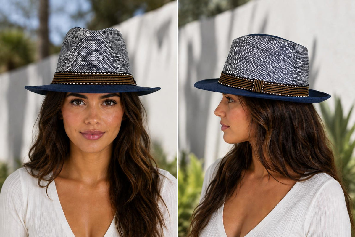 Navy Ivory Woven Fedora Hat | Wide Brim Summer Sun Hat | Chapeau by Jess