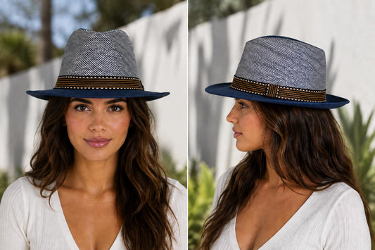 Navy Ivory Woven Fedora Hat | Wide Brim Summer Sun Hat | Chapeau by Jess