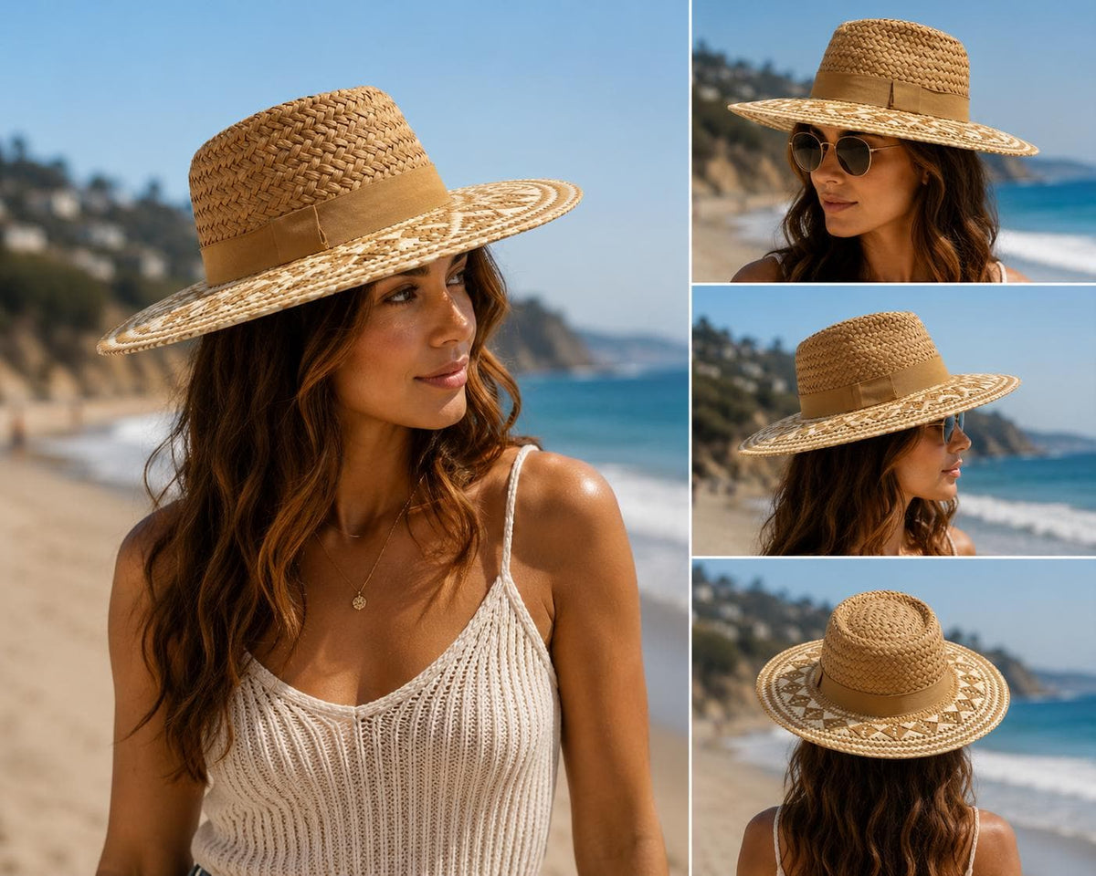 Handwoven Straw Fedora Hat | Geometric Patterned Wide Brim Sun Hat