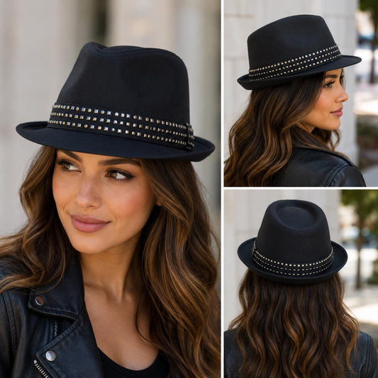 Black Studded Fedora Hat | Unisex Trilby with Metal Stud Band