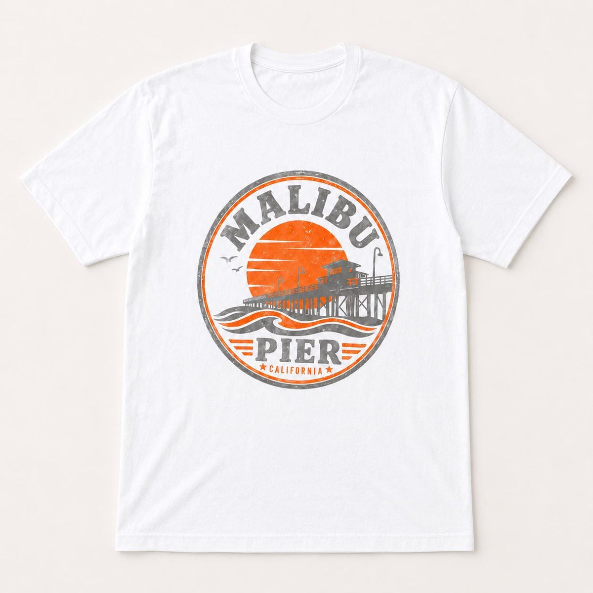 Malibu Pier California T-Shirt, Vintage Beach Graphic Tee, Retro Coastal Unisex Black