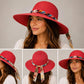 Women's Wide Brim Straw Sun Hat with Colorful Chain & Floral Scarf Tie