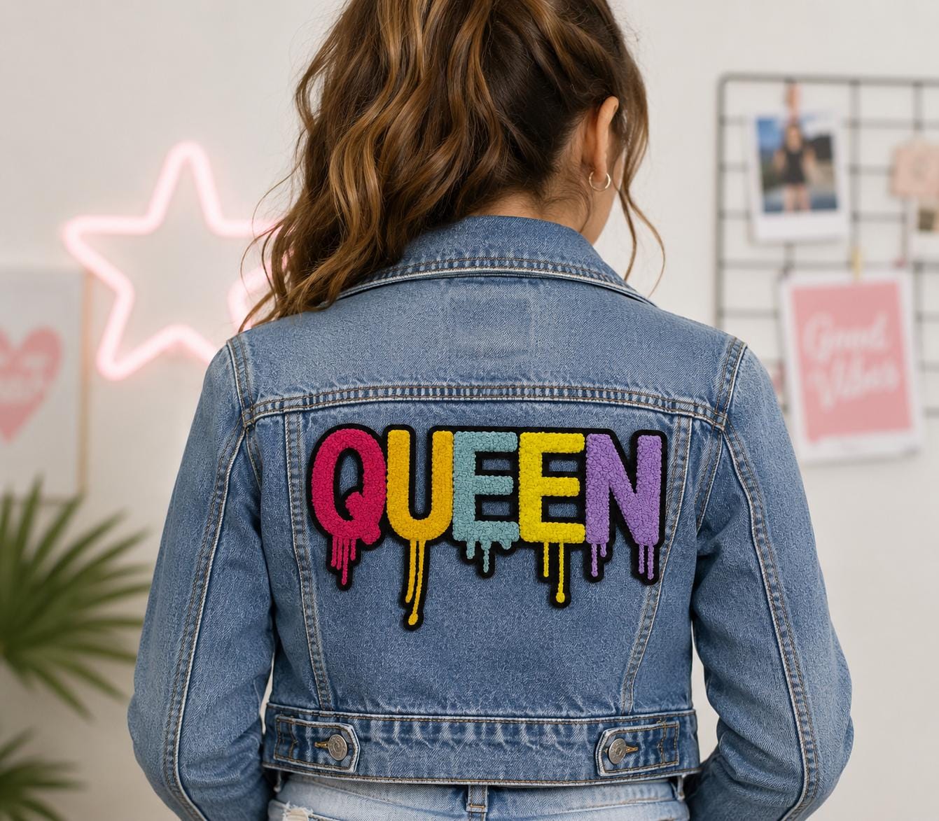 Large QUEEN Chenille Graffiti Patch – 9.5" Dripping Letter Iron-On Applique